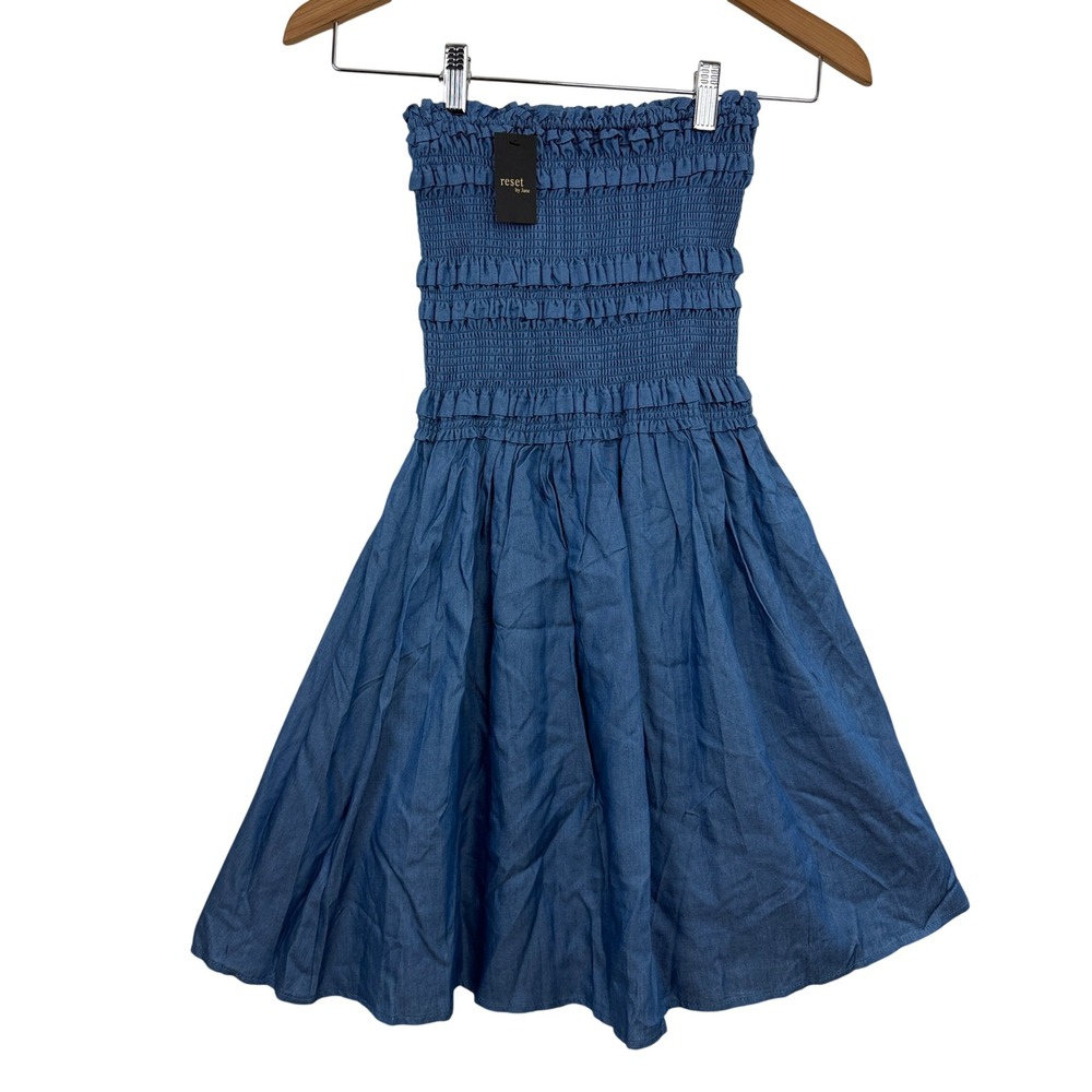 Reset by Jane Dress Womens Small Blue Smocked Strapless Ruffle Tencel JD185
